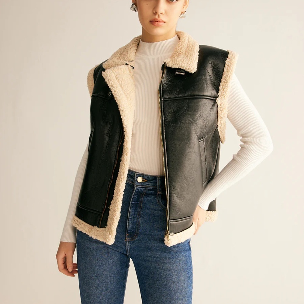 Commense Teddy Lined PU Leather Vest